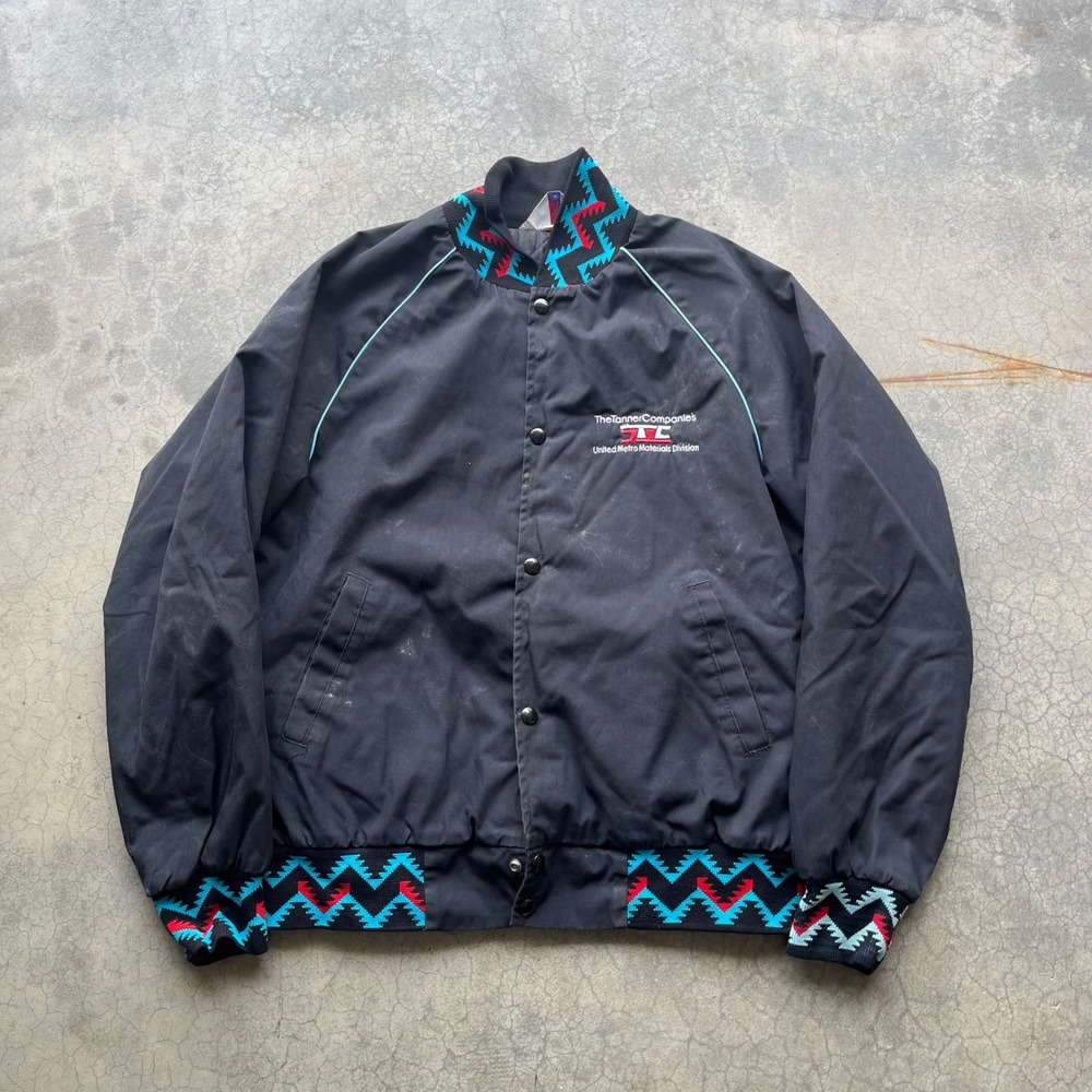 Vintage WestArk Mens Bomber Jacket Black Southwestern Aztec Pattern Made in USA